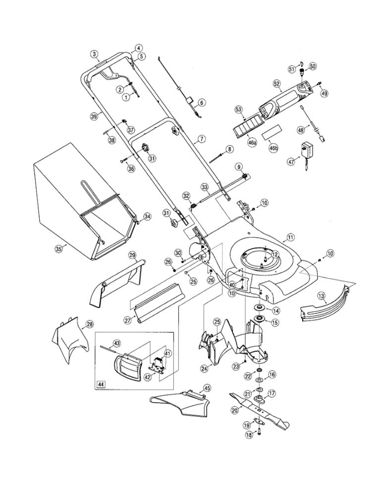 Deck/Drive Control/Grass Catcher Diagram and Parts List for 836  Troy-Bilt Lawn Mower