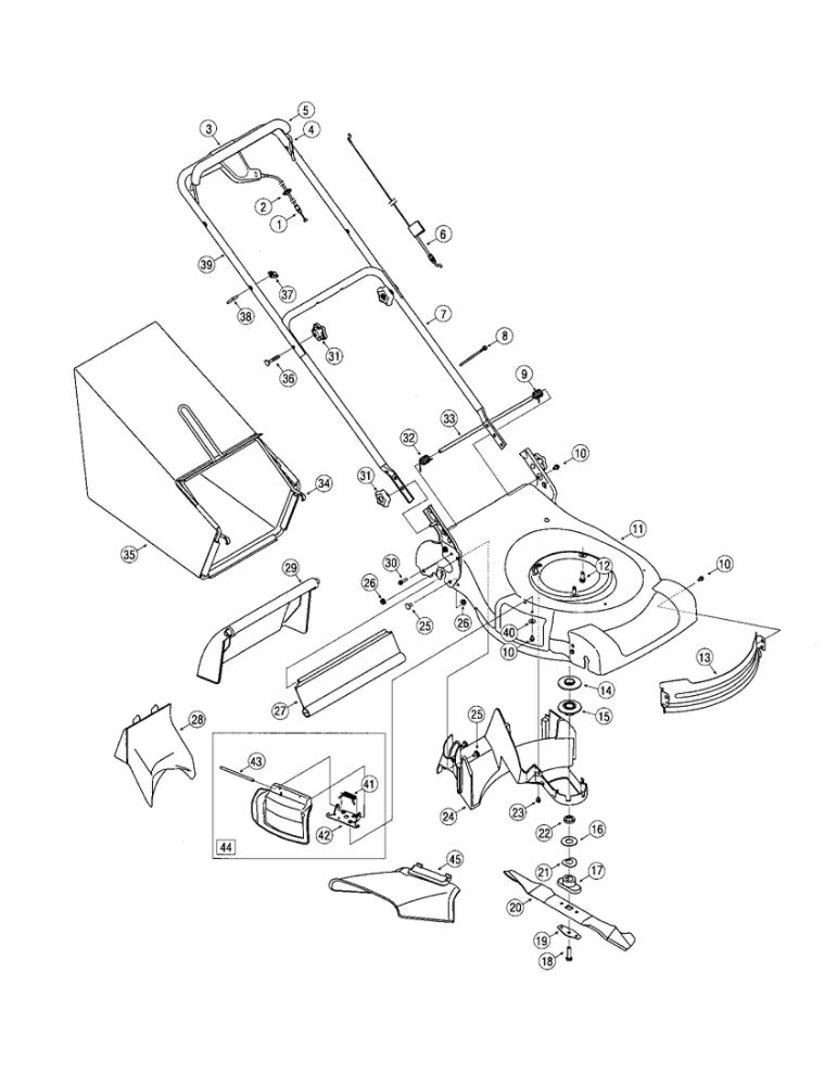 Deck/Drive Control/Grass Catcher Diagram and Parts List for 834  Troy-Bilt Lawn Mower