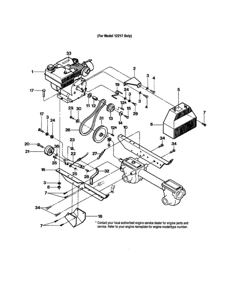 Engine/Brackets/Belt Drive System Diagram and Parts List for 12217  Troy-Bilt Tiller