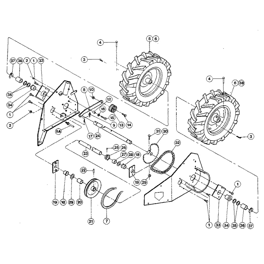 Wheel Drive Mechanism/Wheels Diagram and Parts List for F0000100  Troy-Bilt Lawn Mower