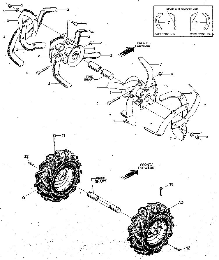 Bolo Tines, Wheels Diagram and Parts List for PONY S0242650 AND UP Troy-Bilt Tiller