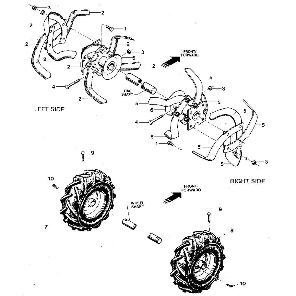 Bolo Tines, Wheels Diagram and Parts List for TUFFYSERIAL#XD0100&UP  Troy-Bilt Tiller
