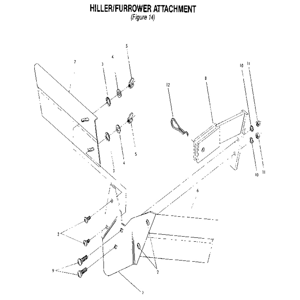 Hiller/Furrower Attachment Diagram and Parts List for 00950727  Troy-Bilt Tiller