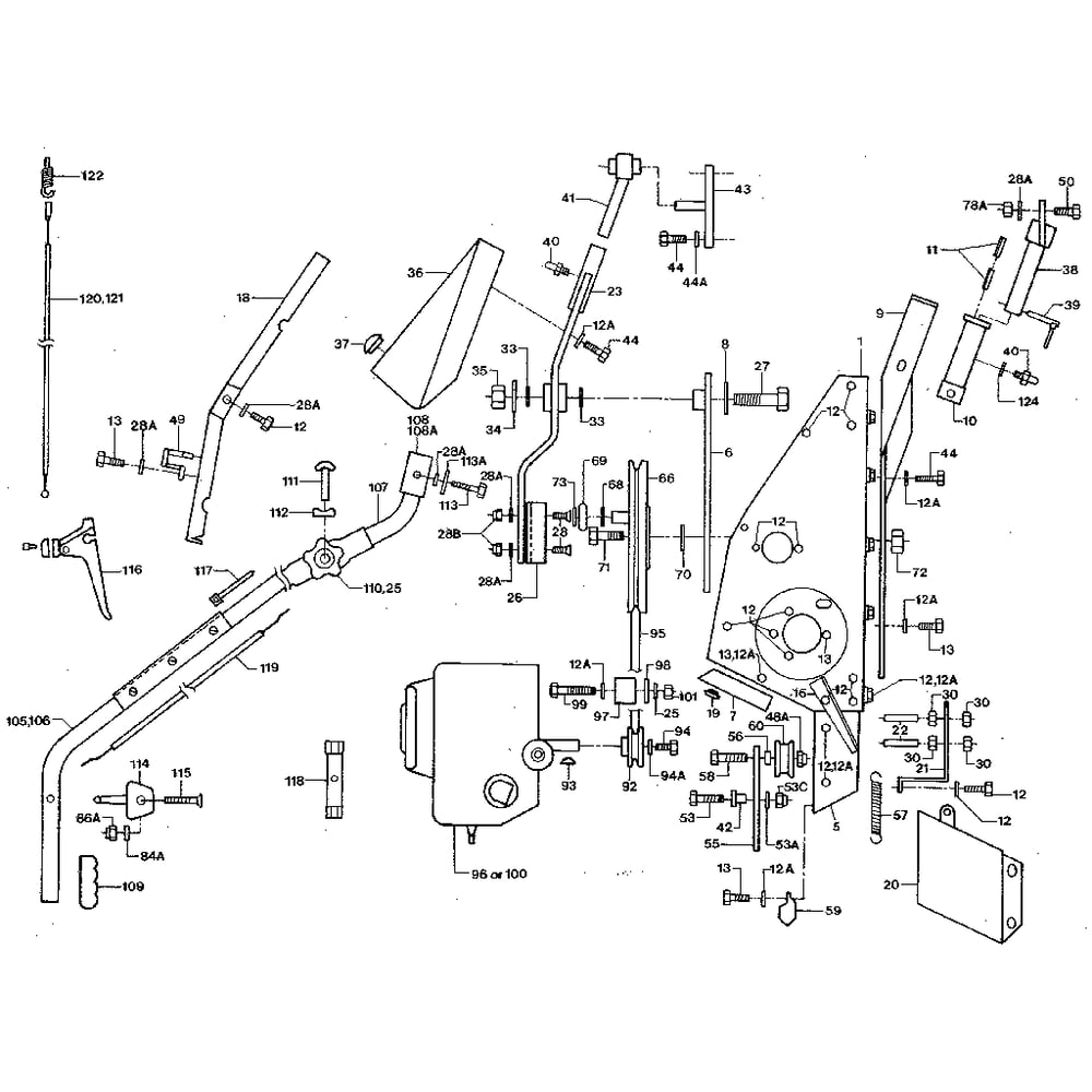 Main Frame Diagram and Parts List for TRAILBLAZERP100000ANDUP  Troy-Bilt Lawn Mower