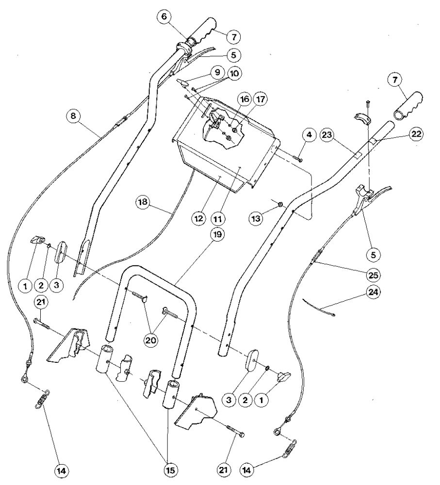 Handlebars, Control Levers, And Throttle Lever Diagram and Parts List for V000100  Troy-Bilt Lawn Mower