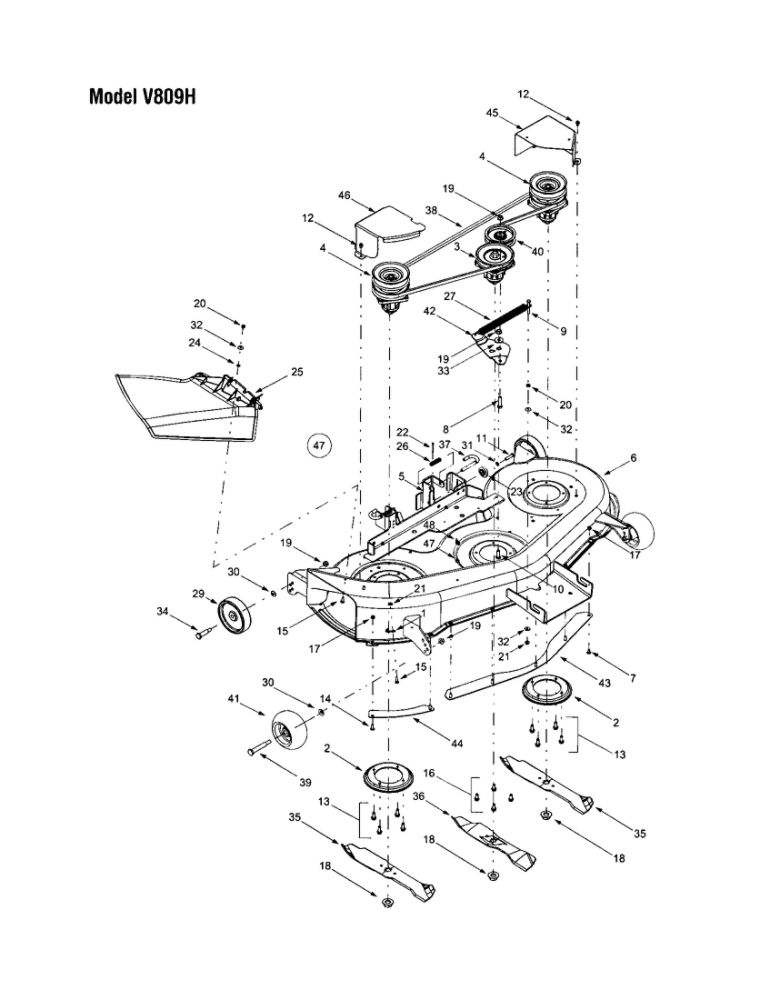 46 Inch Deck Shell - V809h Diagram and Parts List for V809H  Troy-Bilt Lawn Tractor