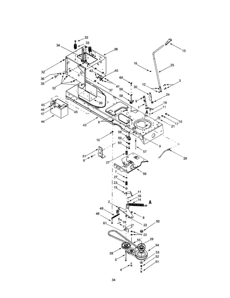 Battery And Pulleys Diagram and Parts List for 13AJ609G766 2003 Troy-Bilt Lawn Mower