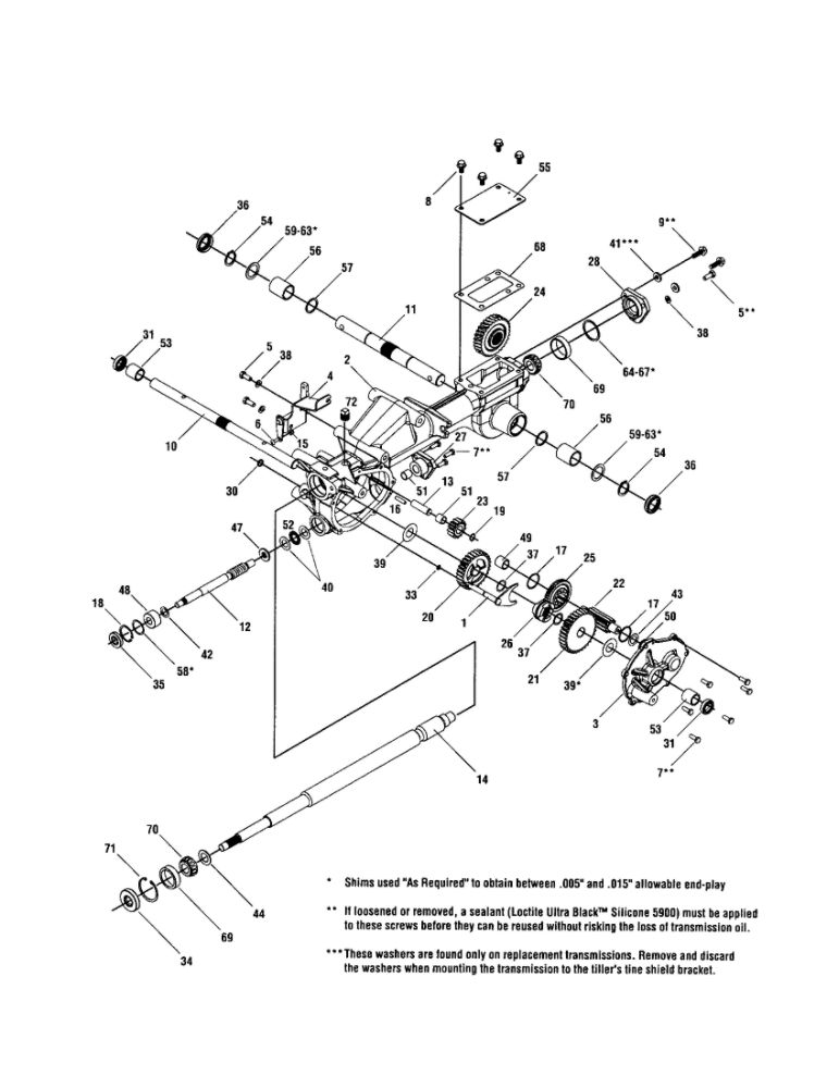 Transmission Diagram and Parts List for 654J  Troy-Bilt Tiller