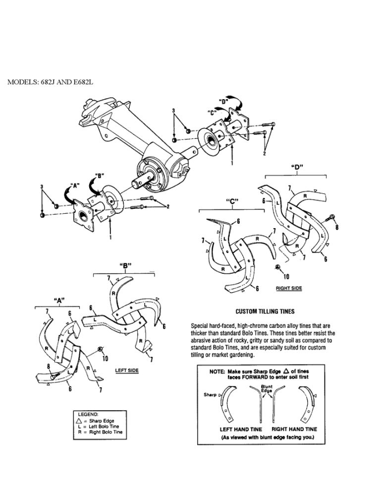 Bolo Tine Assemblies Diagram and Parts List for 21AE682L766 2003 Troy-Bilt Tiller