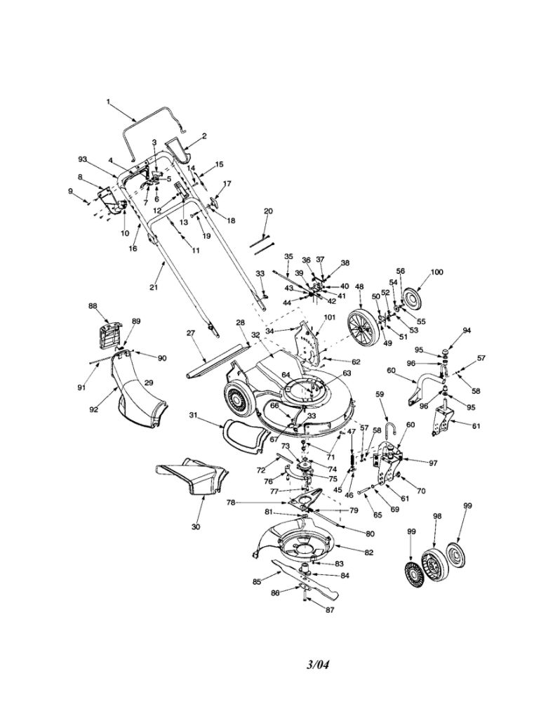 Handle/Deck/Blade/Wheels Diagram and Parts List for E999  Troy-Bilt Lawn Mower