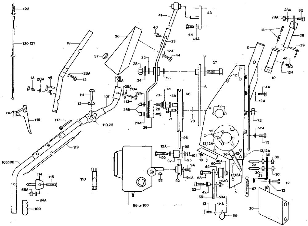 Main Frame Diagram and Parts List for 5018 P100000 AND UP Troy-Bilt Lawn Mower