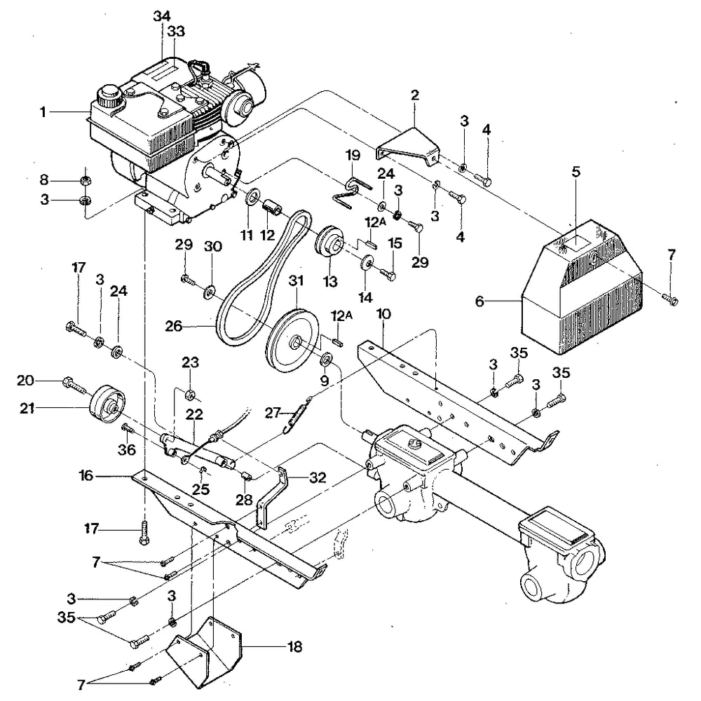 Engine, Engine Brackets, And Forward Drive Mechanism Diagram and Parts List for TUFFYSERIAL#XD0100&UP  Troy-Bilt Tiller