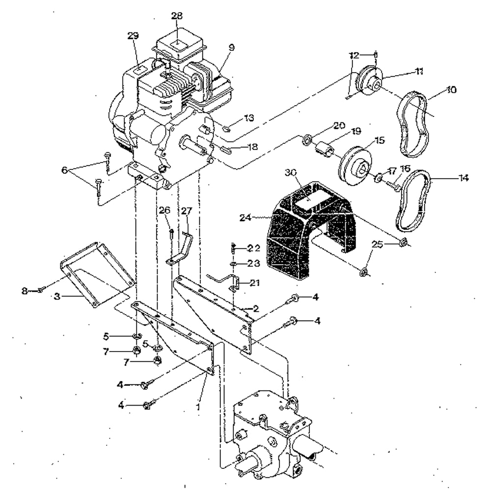 Engine And Support Brackets, Pulleys, Belts, Belt Cover Diagram and Parts List for PONYSERIAL#S0242650ANDUP  Troy-Bilt Tiller