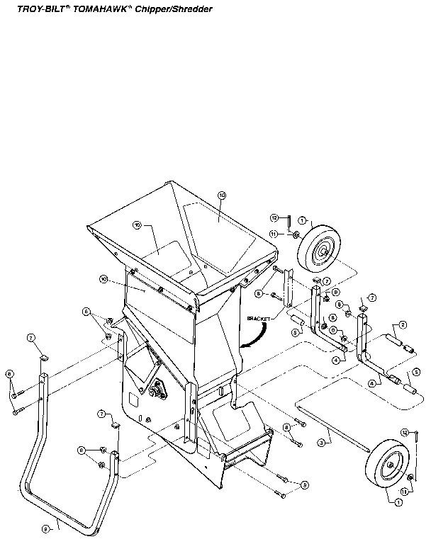 Wheel Assembly Diagram and Parts List for TOMAHAWK T5300100 AND UP Troy-Bilt Chipper Shredder