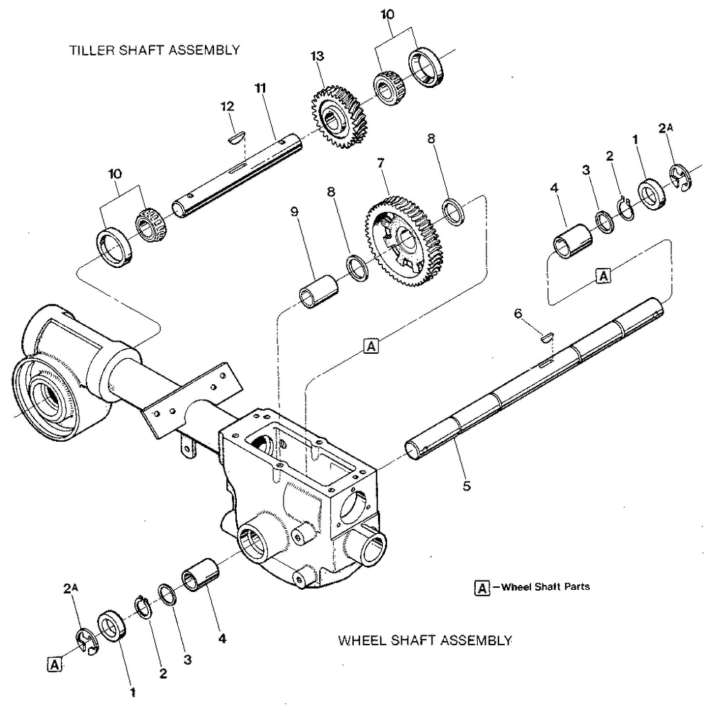 Wheel Shaft And Tiller Shaft Assemblies Diagram and Parts List for JUNIORSERIAL#M74690ANDUP  Troy-Bilt Tiller