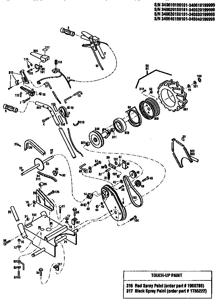 Handle Assembly Diagram and Parts List for 340630100101 340630199999 Troy-Bilt Lawn Mower