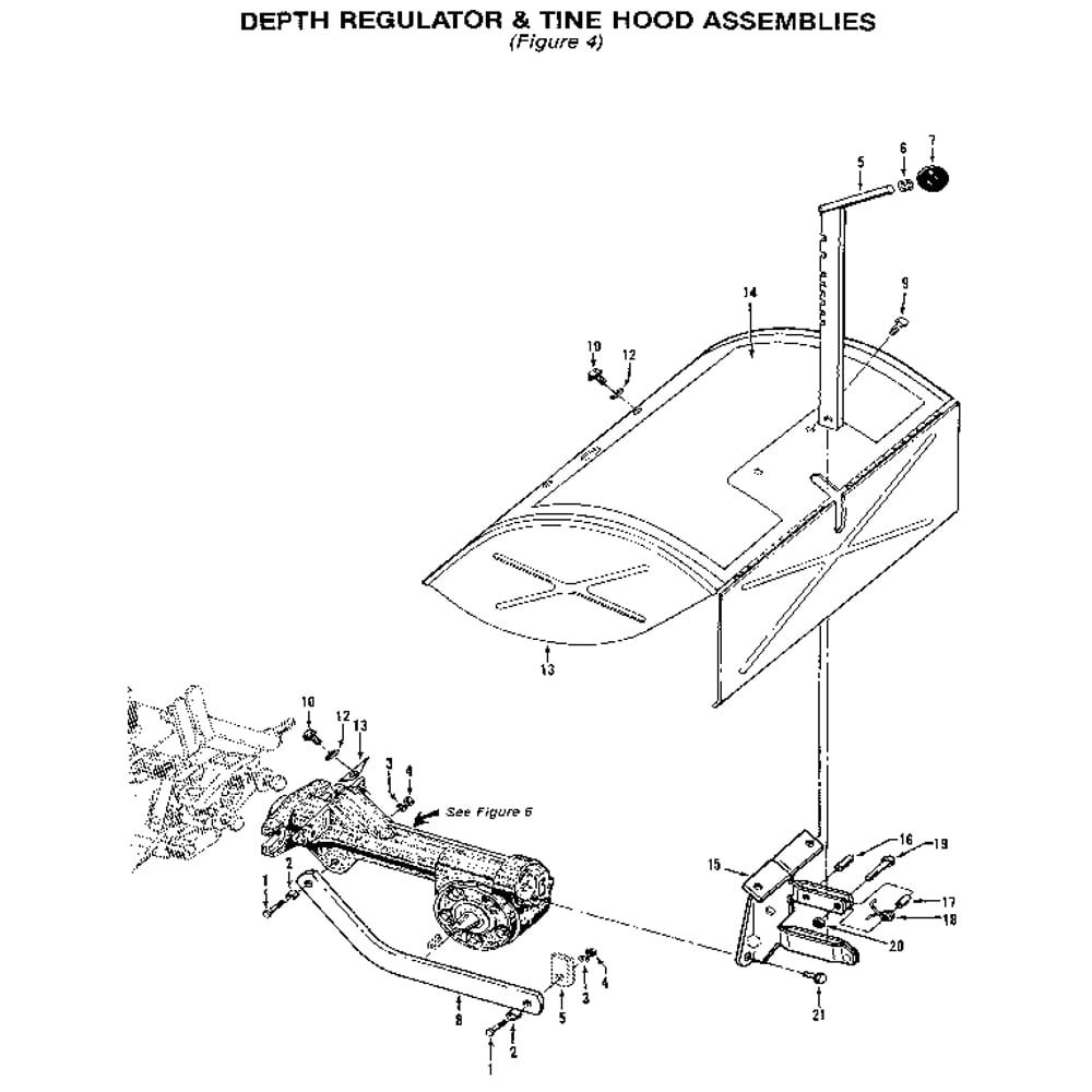 Depth Regulator And Tine Hood Assemblies Diagram and Parts List for 00950727  Troy-Bilt Tiller