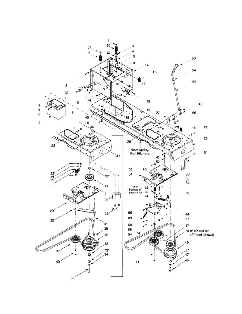 Power Take-Off System Diagram and Parts List for 609  Troy-Bilt Lawn Tractor
