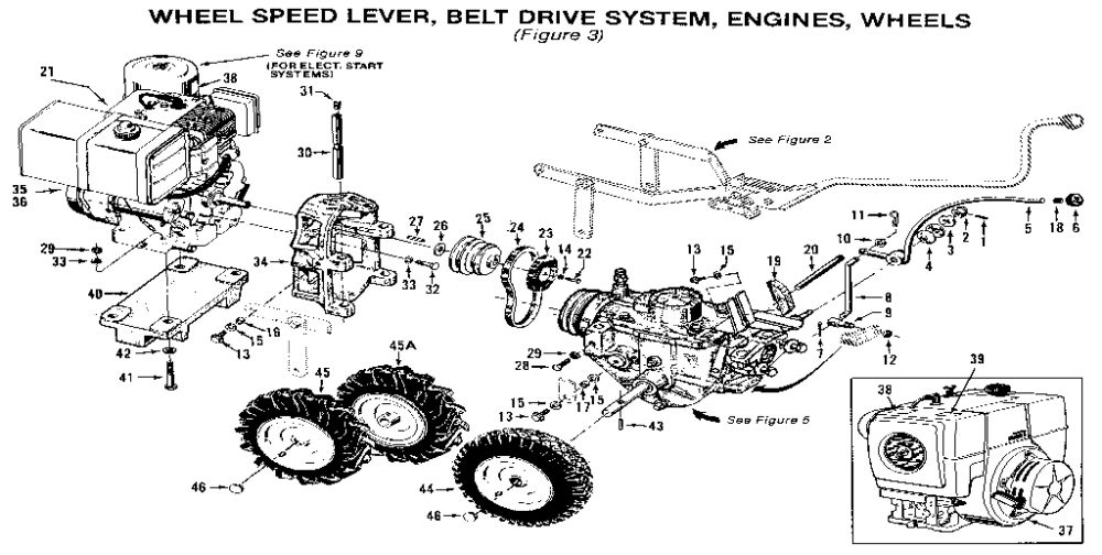 Wheel Speed Lever, Belt Drive System, Engines, Wheels Diagram and Parts List for PTO HORSE 00950727 AND UP Troy-Bilt Tiller