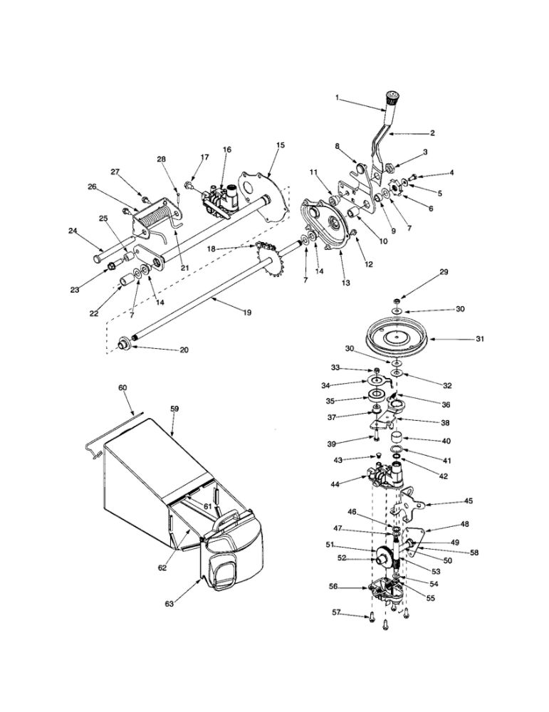 Transmission Assembly/Bag Diagram and Parts List for E999  Troy-Bilt Lawn Mower