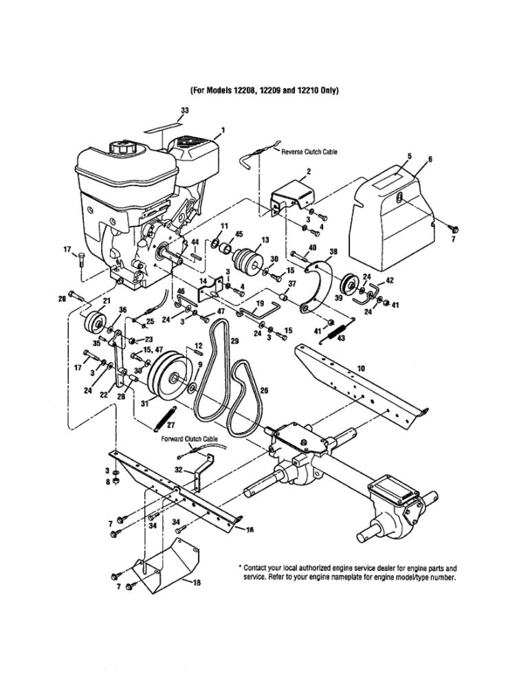 Engine/Brackets/Belt Drive Systems Diagram and Parts List for 12217  Troy-Bilt Tiller