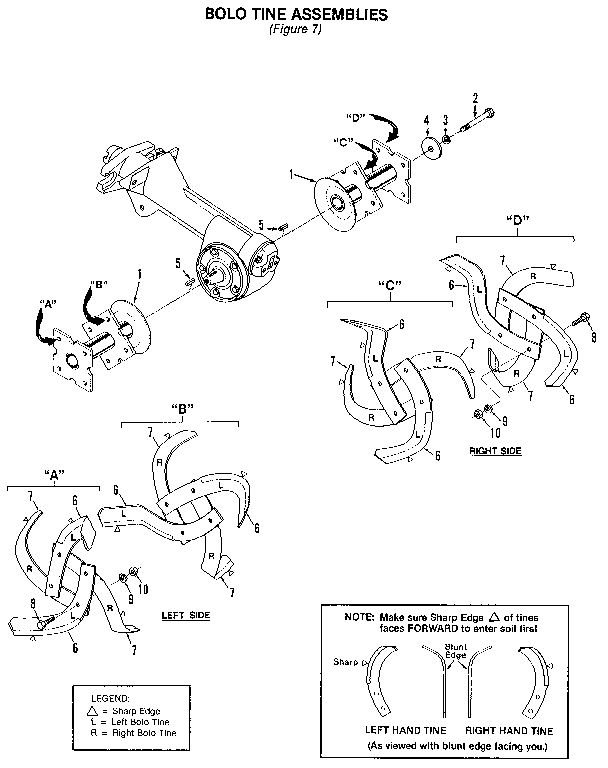 Bolo Tine Assemblies Diagram and Parts List for PTO HORSE 00950727 AND UP Troy-Bilt Tiller