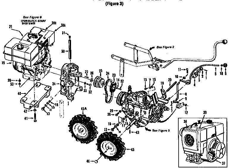 Belt System, Engine, Wheels Diagram and Parts List for 29919  Troy-Bilt Tiller