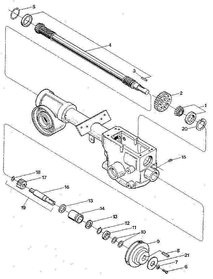 Drive Shaft, Input Pinion Shaft And Gear Assemblies Diagram and Parts List for JUNIOR M0100970 AND UP Troy-Bilt Tiller