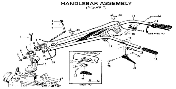 Handlebar Assembly Diagram and Parts List for PTO HORSE 00950727 AND UP Troy-Bilt Tiller