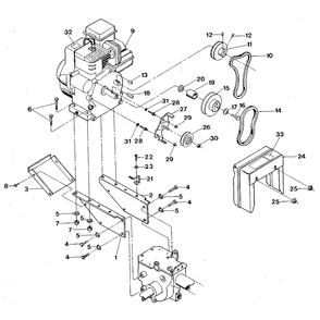 Engine And Support Brackets, Pulleys, Belts, Belt Cover Diagram and Parts List for PONYSERIAL#S20312ANDUP  Troy-Bilt Tiller