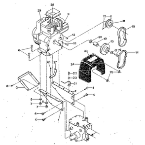 Engine And Support Brackets, Pulleys, Belts, Belt Cover Diagram and Parts List for PONYSERIAL#S0242650ANDUP  Troy-Bilt Tiller