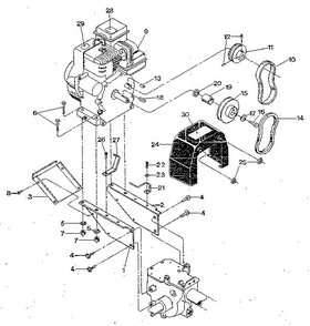 Engine And Support Brackets, Pulleys, Belts, Belt Cover Diagram and Parts List for PONY S0242650 AND UP Troy-Bilt Tiller