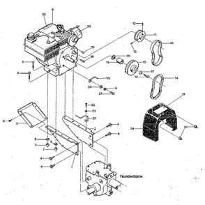 Engine And Support Brackets, Pulleys, Belts, Belt Cover Diagram and Parts List for JUNIORSERIAL#M0100970ANDUP  Troy-Bilt Tiller