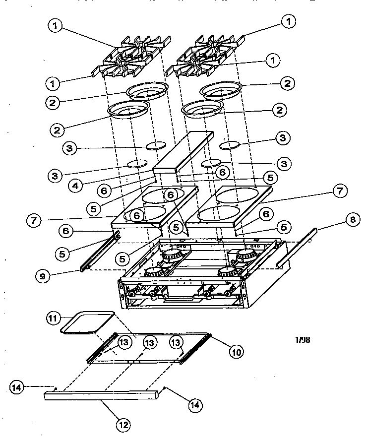 Burner Box Exterior Assembly Diagram and Parts List for VGRT36  Viking Cooktop