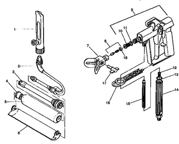 Gun And Roller Assembly Diagram and Parts List for 404  Wagner Paint Sprayer