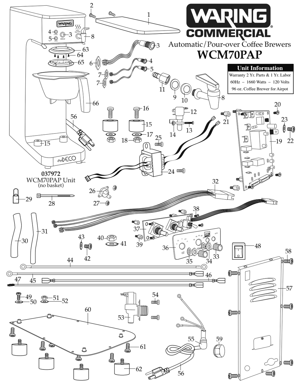 Diagram Diagram and Parts List for WCM70PAP  Waring Coffee Maker