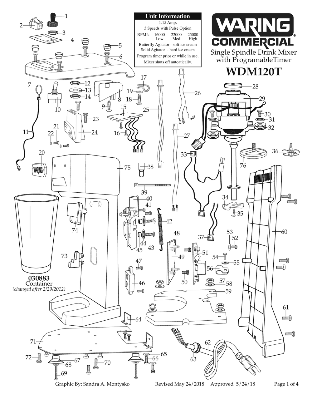 Diagram 1 Diagram and Parts List for WDM120T  Waring Drink Mixer