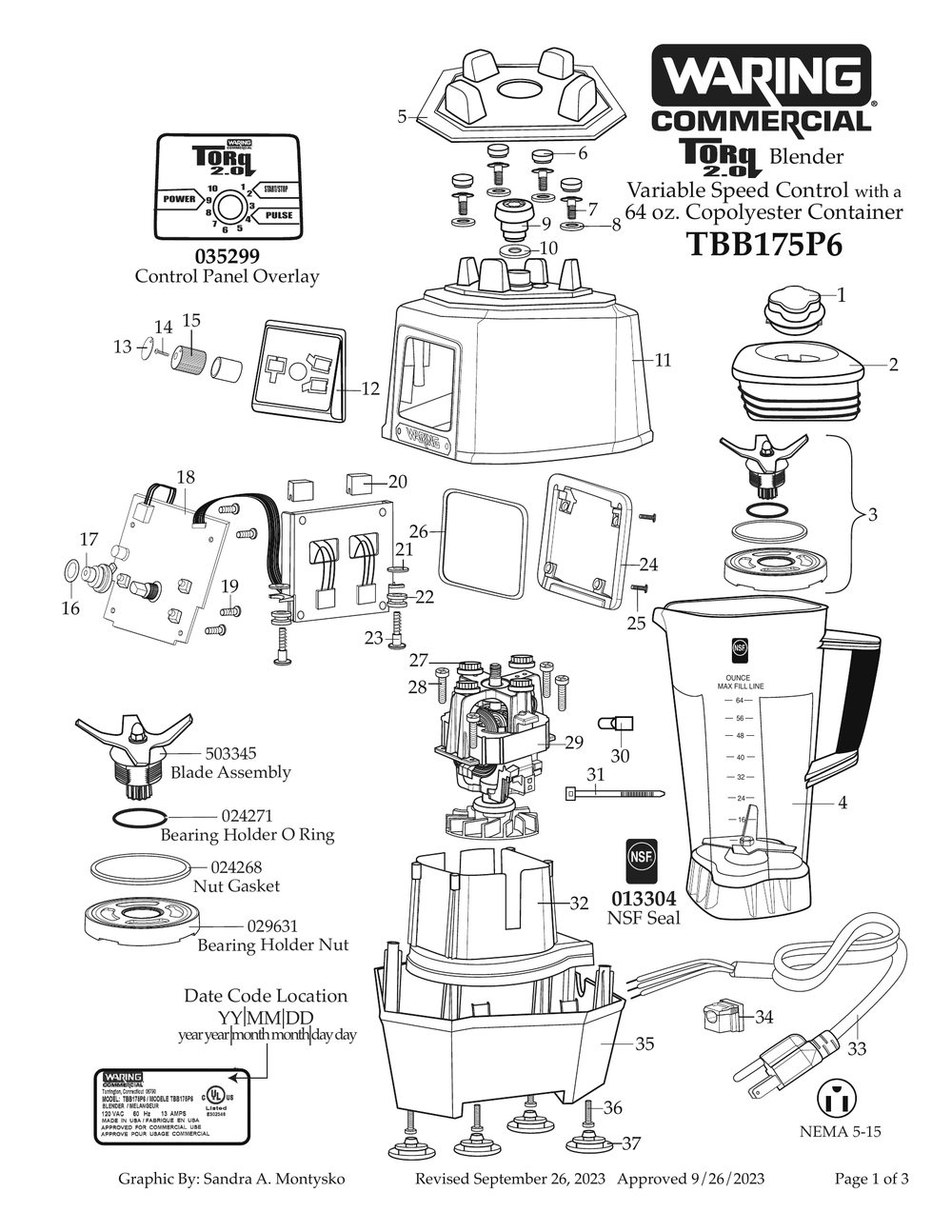 Diagram 1 Diagram and Parts List for TBB175P6  Waring Blender