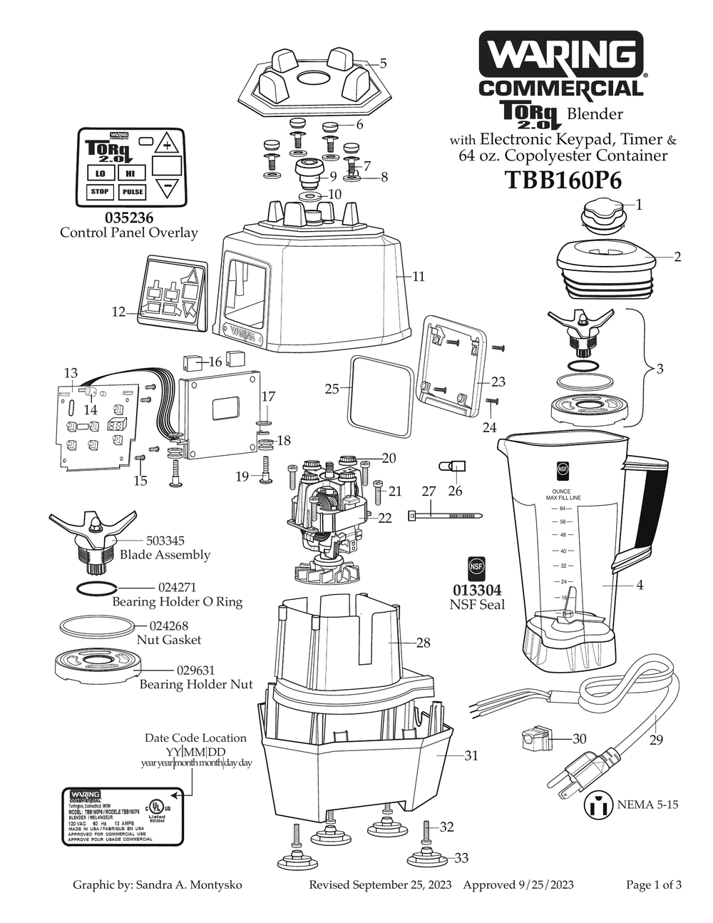 Diagram 1 Diagram and Parts List for TBB160P6  Waring Blender