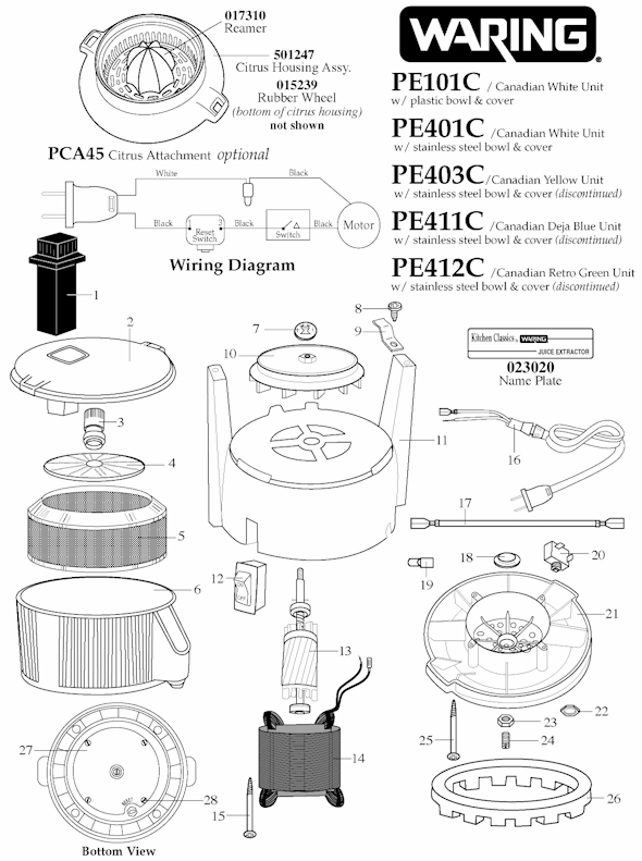 Page A Diagram and Parts List for 11JE51  Waring Juicer