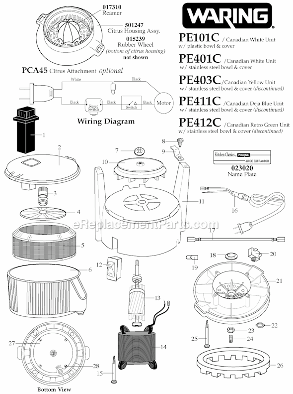 Page A Diagram and Parts List for 11JE72  Waring Juicer