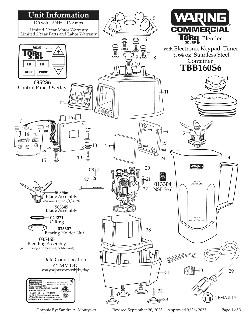 Diagram 1 Diagram and Parts List for TBB160S6  Waring Blender