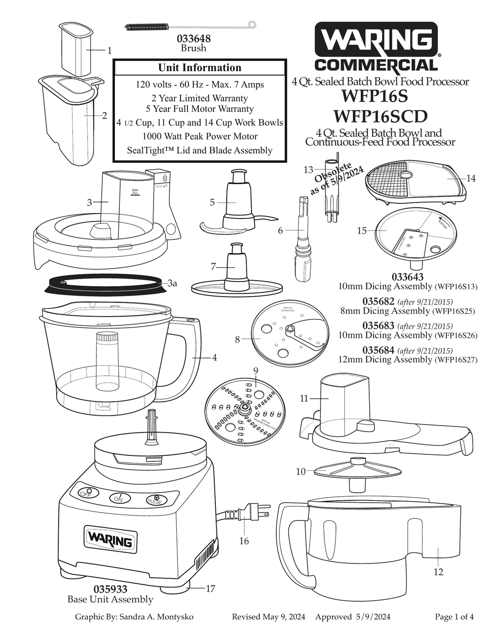 Diagram 1 Diagram and Parts List for WFP16SC  Waring Food Processor
