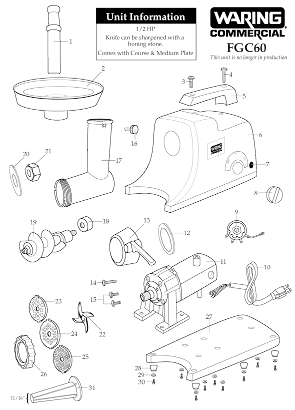 Page A Diagram and Parts List for 31FG10  Waring Meat Grinder