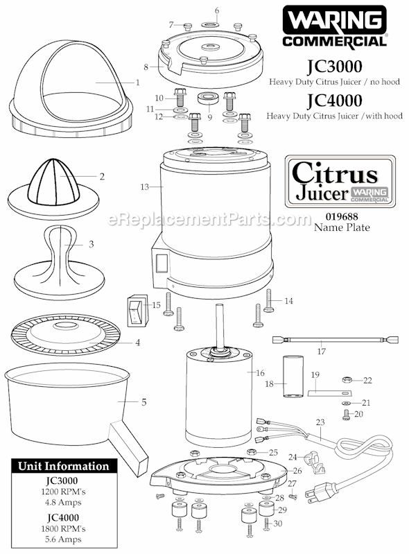 Page A Diagram and Parts List for 31JC33  Waring Juicer