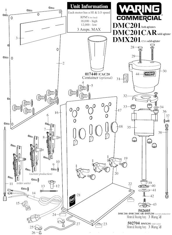 Page A Diagram and Parts List for 32DM16  Waring Drink Mixer