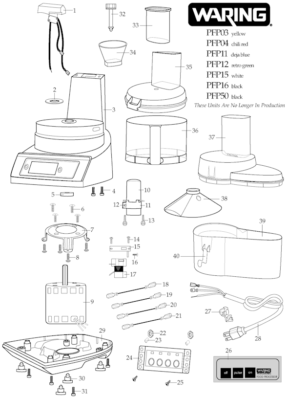 Page A Diagram and Parts List for 32FP11  Waring Food Processor