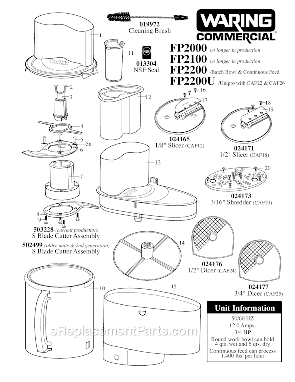 Page A Diagram and Parts List for 32FP19  Waring Food Processor