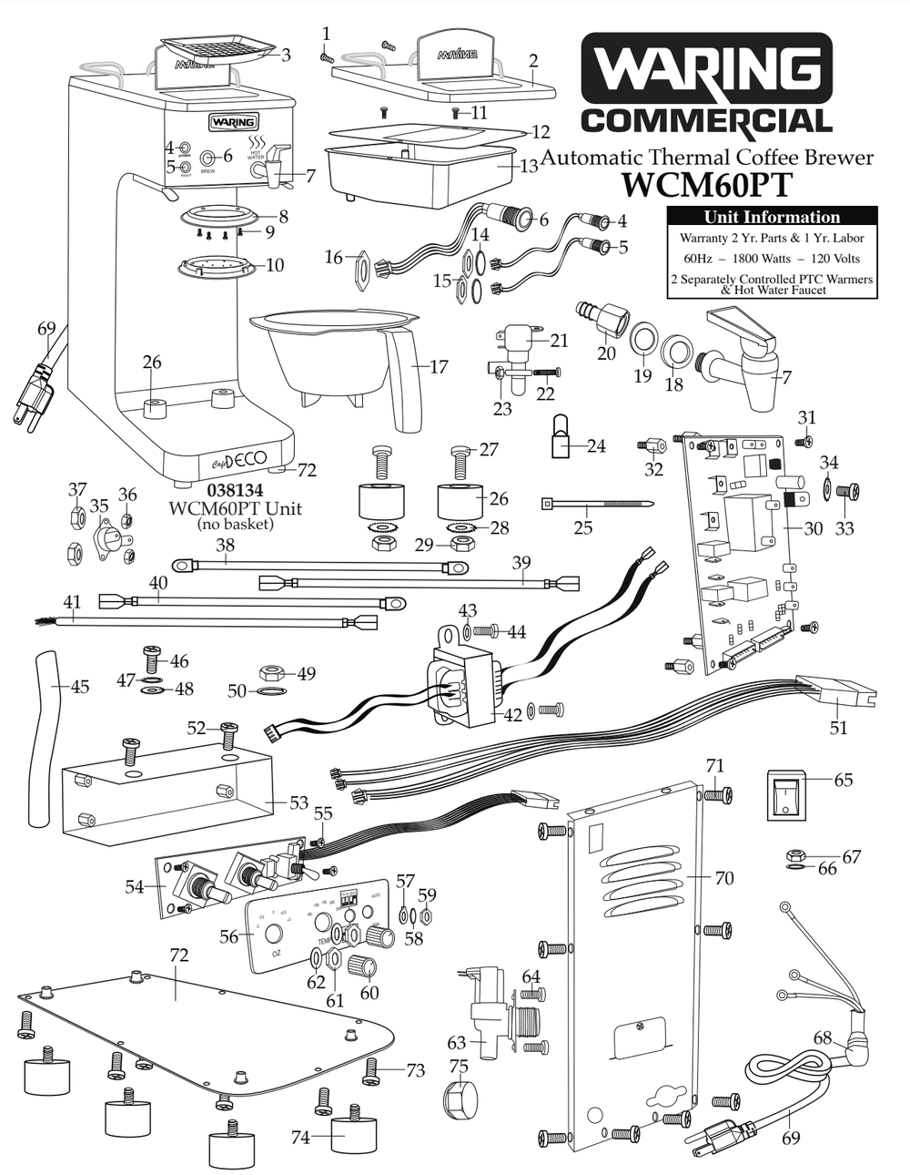 Diagram Diagram and Parts List for WCM60PT  Waring Coffee Maker
