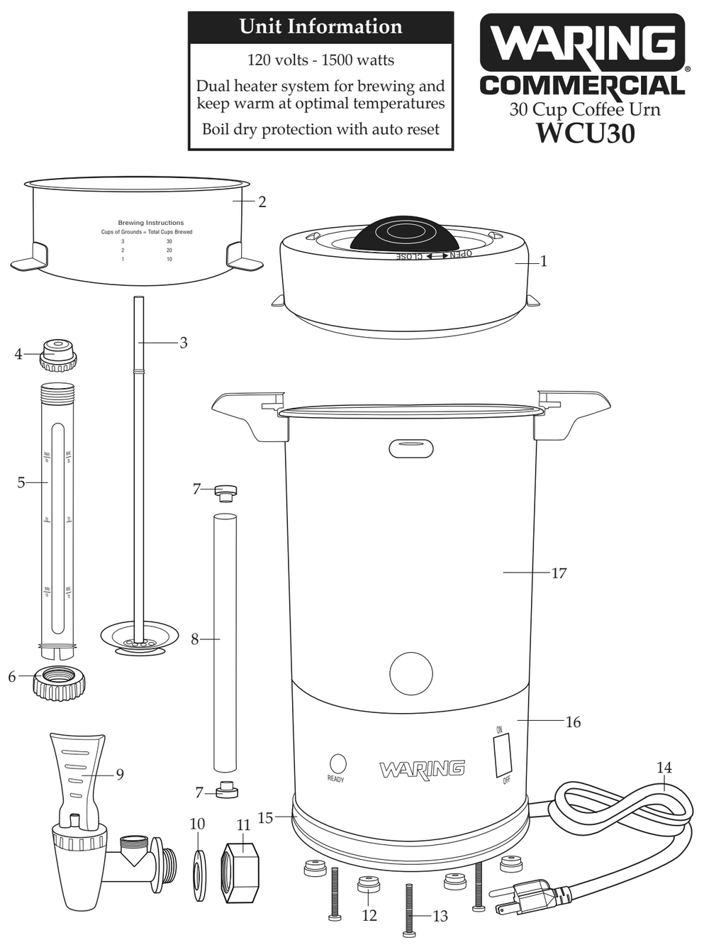 Diagram Diagram and Parts List for WCU30  Waring Beverage Dispenser